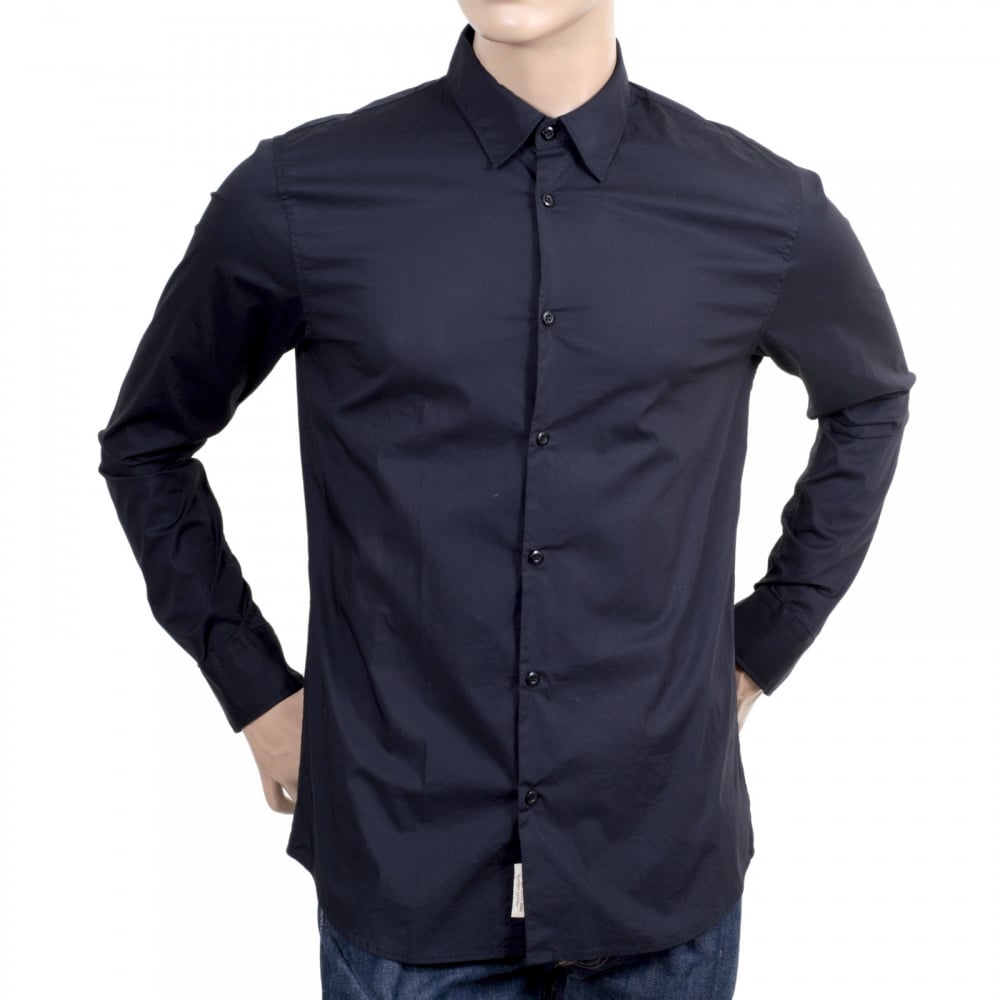 Mens Long Sleeve Stretch Cotton Slim Fit Shirt in Dark Navy Blue with Logo Embossed Buttons and Rounded Tail