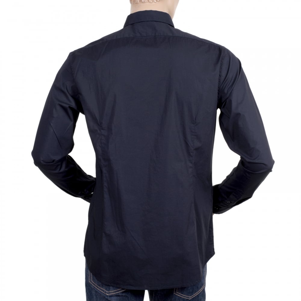 Mens Long Sleeve Stretch Cotton Slim Fit Shirt in Dark Navy Blue with Logo Embossed Buttons and Rounded Tail