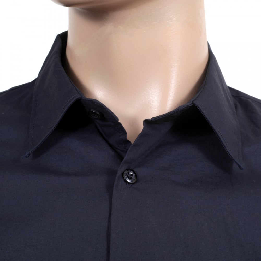 Mens Long Sleeve Stretch Cotton Slim Fit Shirt in Dark Navy Blue with Logo Embossed Buttons and Rounded Tail