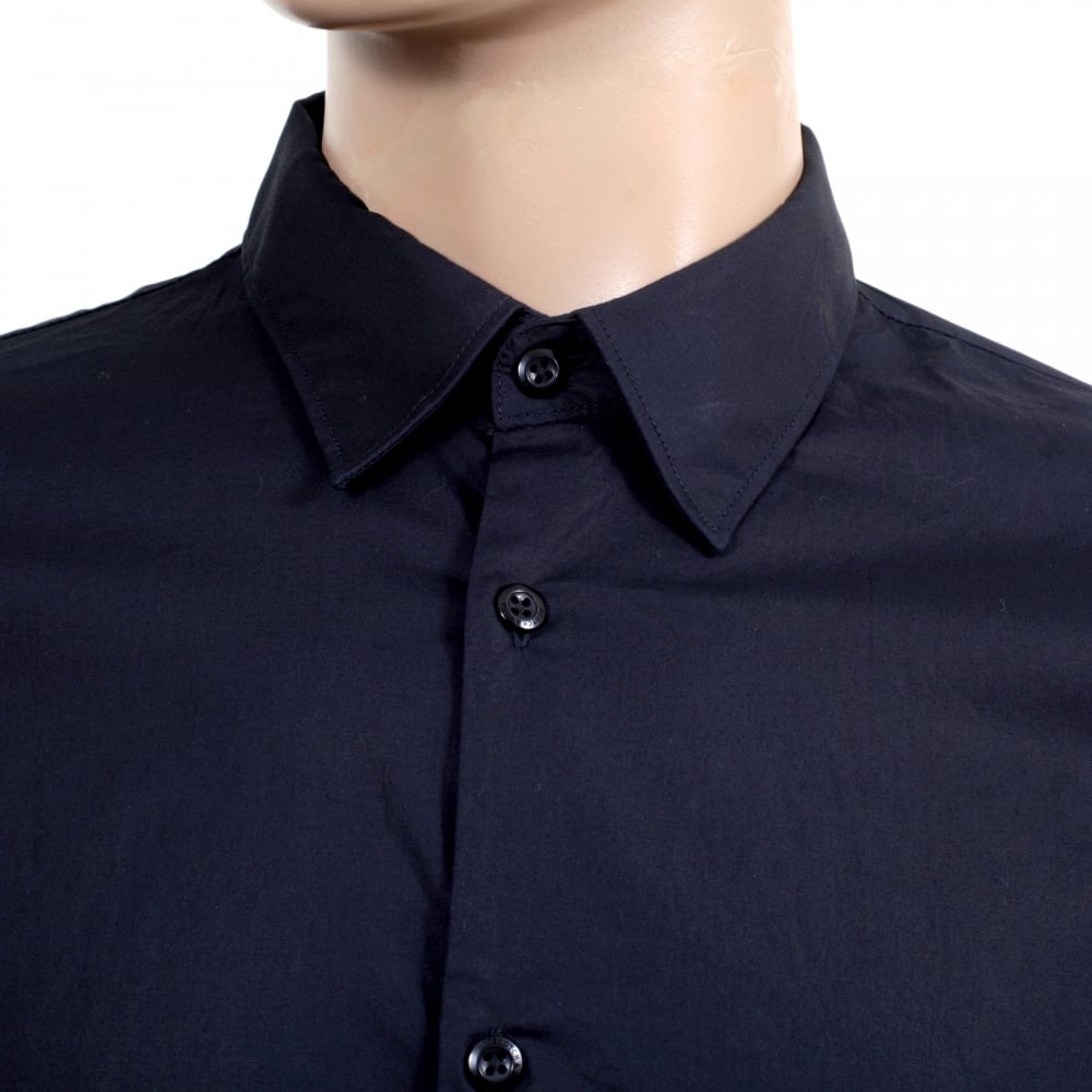 Mens Long Sleeve Stretch Cotton Slim Fit Shirt in Dark Navy Blue with Logo Embossed Buttons and Rounded Tail
