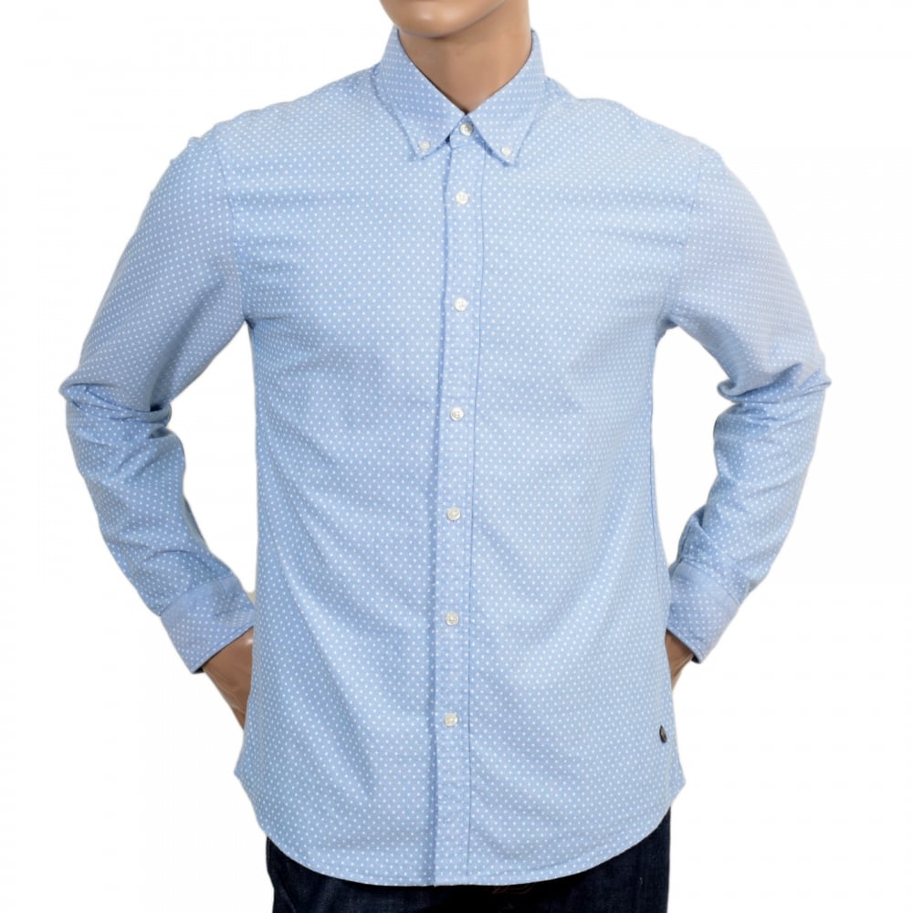Long Sleeve Regular Fit Sky Blue Shirt with Diamond Polka Dot Pattern, Soft Button Down Collar and Round Tail