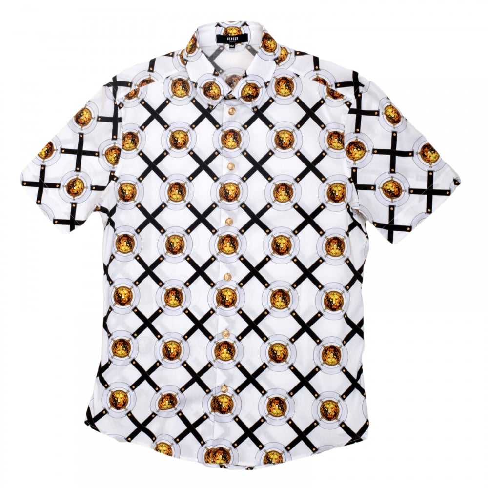 Short Sleeve Cotton Slim Fit Shirt in White with Lion Head Belt Print Design and Soft Button Down Collar