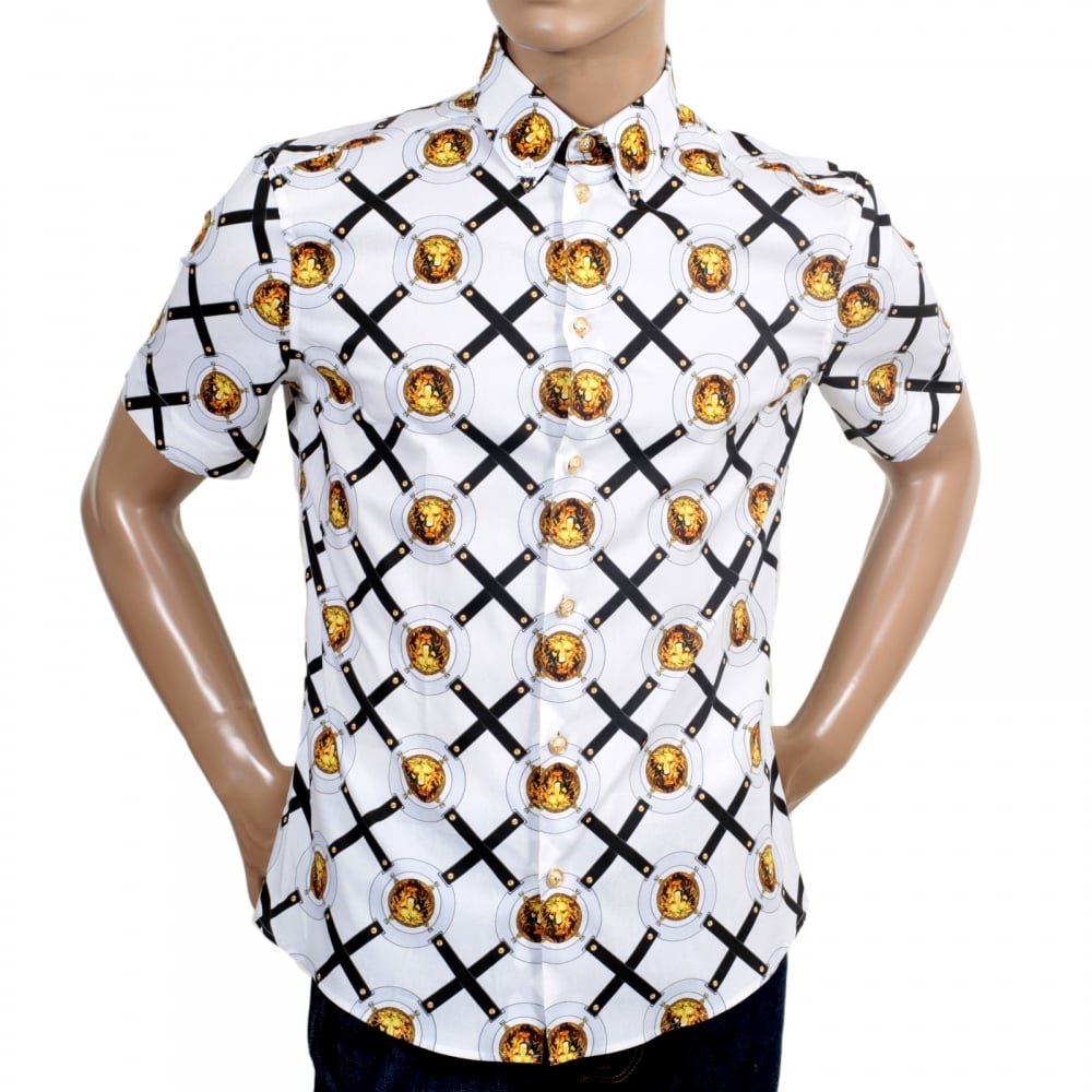 Short Sleeve Cotton Slim Fit Shirt in White with Lion Head Belt Print Design and Soft Button Down Collar