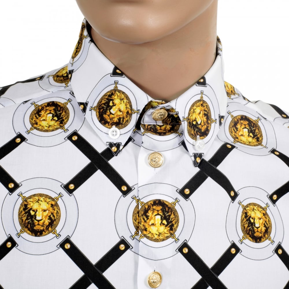 Short Sleeve Cotton Slim Fit Shirt in White with Lion Head Belt Print Design and Soft Button Down Collar