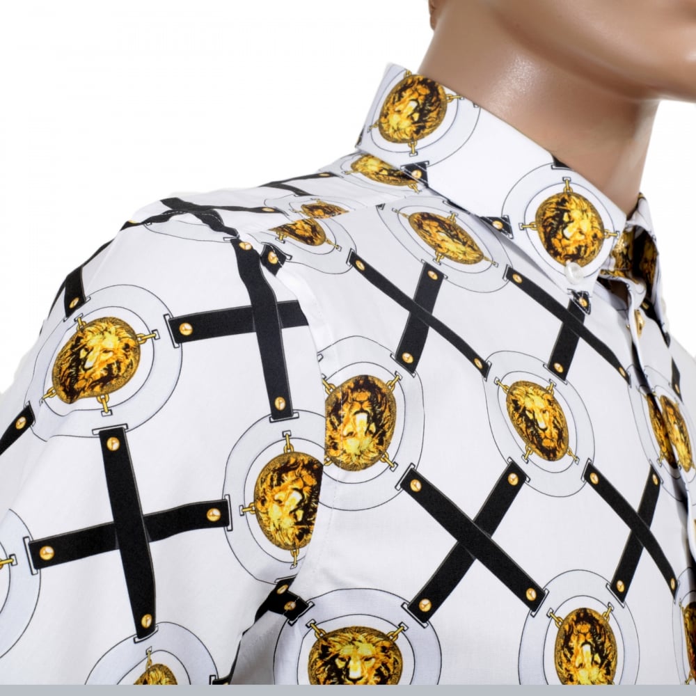 Short Sleeve Cotton Slim Fit Shirt in White with Lion Head Belt Print Design and Soft Button Down Collar