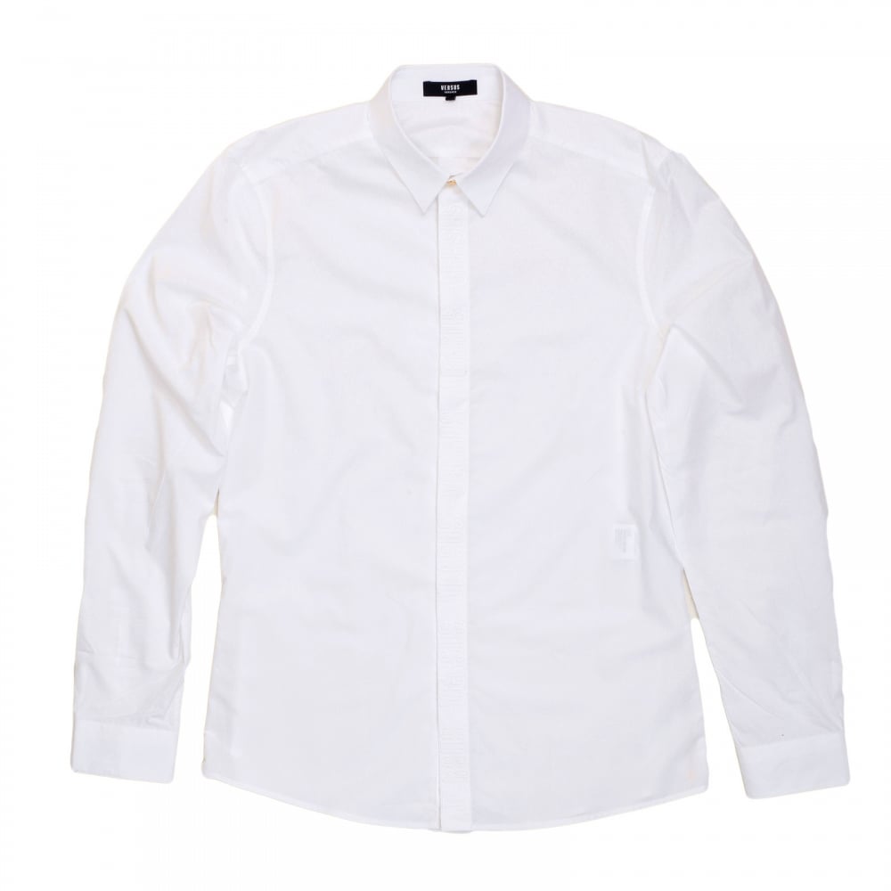 White Long Sleeve Slim Fit Cotton Shirt with Lion Head Gold Button and Self Coloured Embroidered Placket