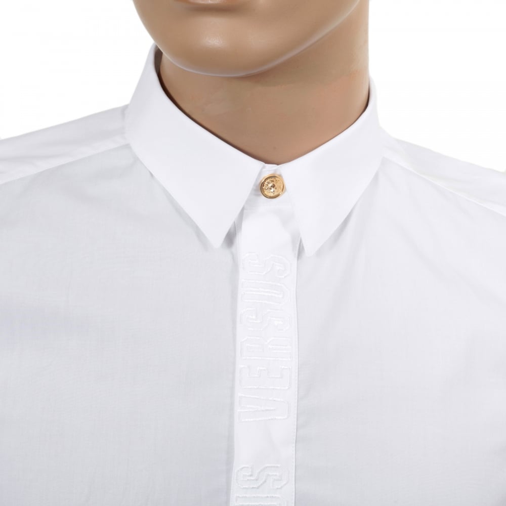 White Long Sleeve Slim Fit Cotton Shirt with Lion Head Gold Button and Self Coloured Embroidered Placket
