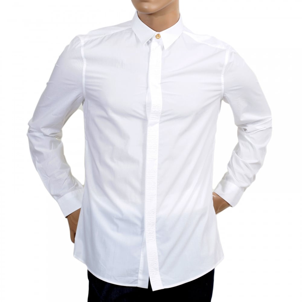 White Long Sleeve Slim Fit Cotton Shirt with Lion Head Gold Button and Self Coloured Embroidered Placket