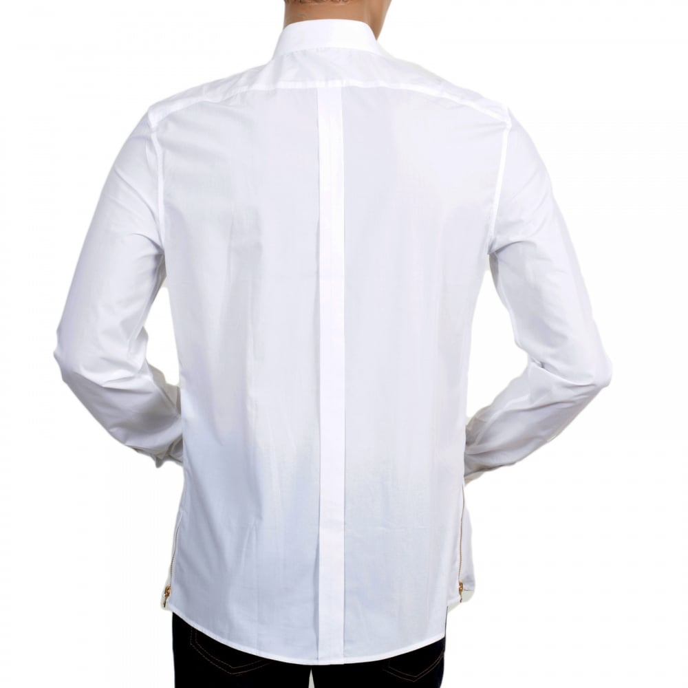 White Long Sleeve Slim Fit Cotton Shirt with Lion Head Gold Button and Self Coloured Embroidered Placket