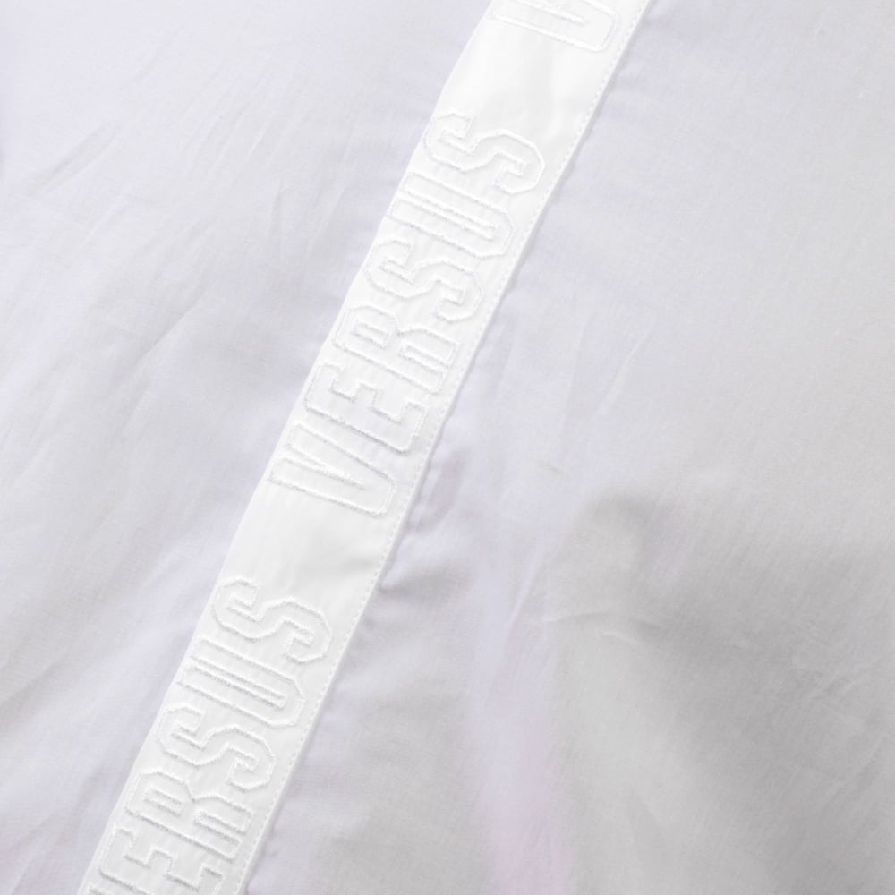 White Long Sleeve Slim Fit Cotton Shirt with Lion Head Gold Button and Self Coloured Embroidered Placket