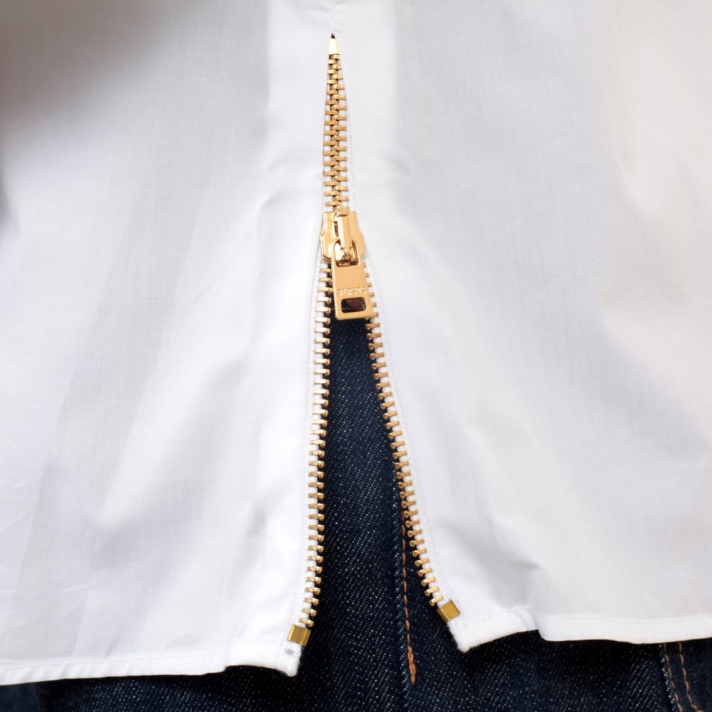 White Long Sleeve Slim Fit Cotton Shirt with Lion Head Gold Button and Self Coloured Embroidered Placket