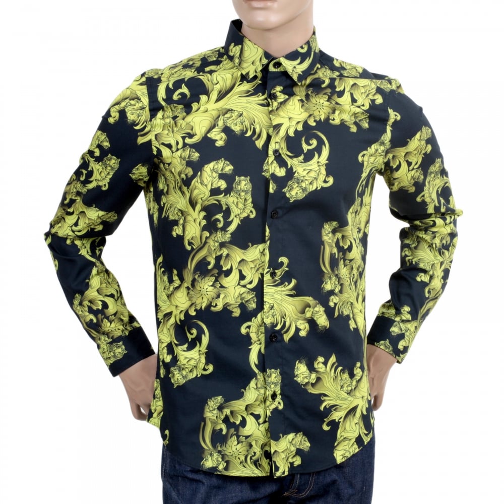 Mens Long Sleeve Slim Fit Cotton Black Shirt with Lime and Yellow Baroque Print and Logo Embossed Buttons