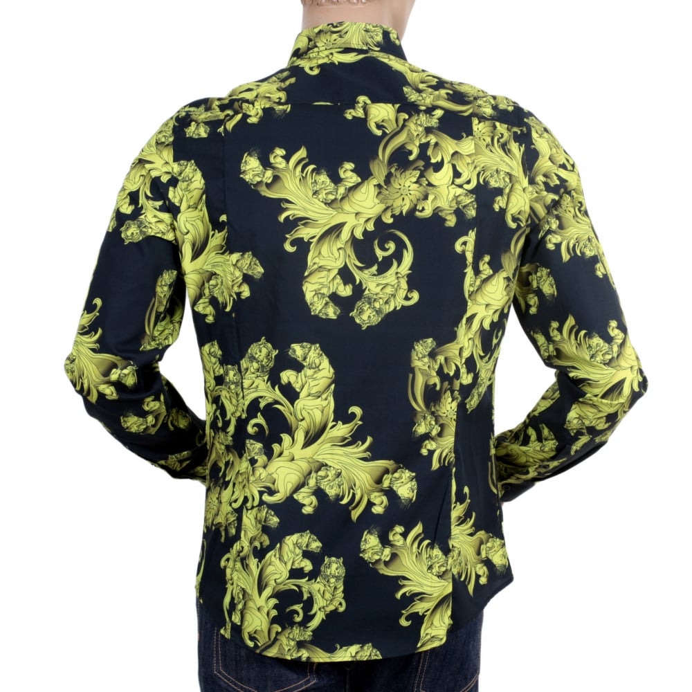 Mens Long Sleeve Slim Fit Cotton Black Shirt with Lime and Yellow Baroque Print and Logo Embossed Buttons