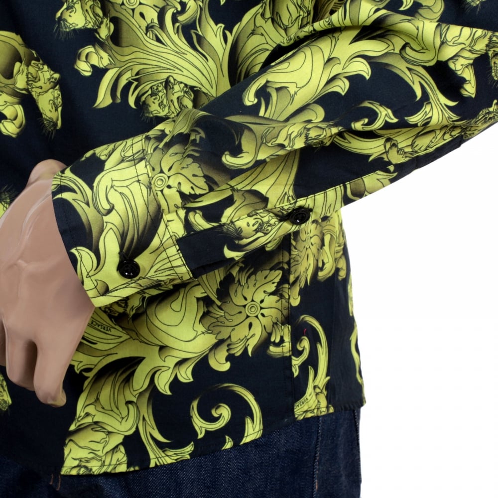 Mens Long Sleeve Slim Fit Cotton Black Shirt with Lime and Yellow Baroque Print and Logo Embossed Buttons