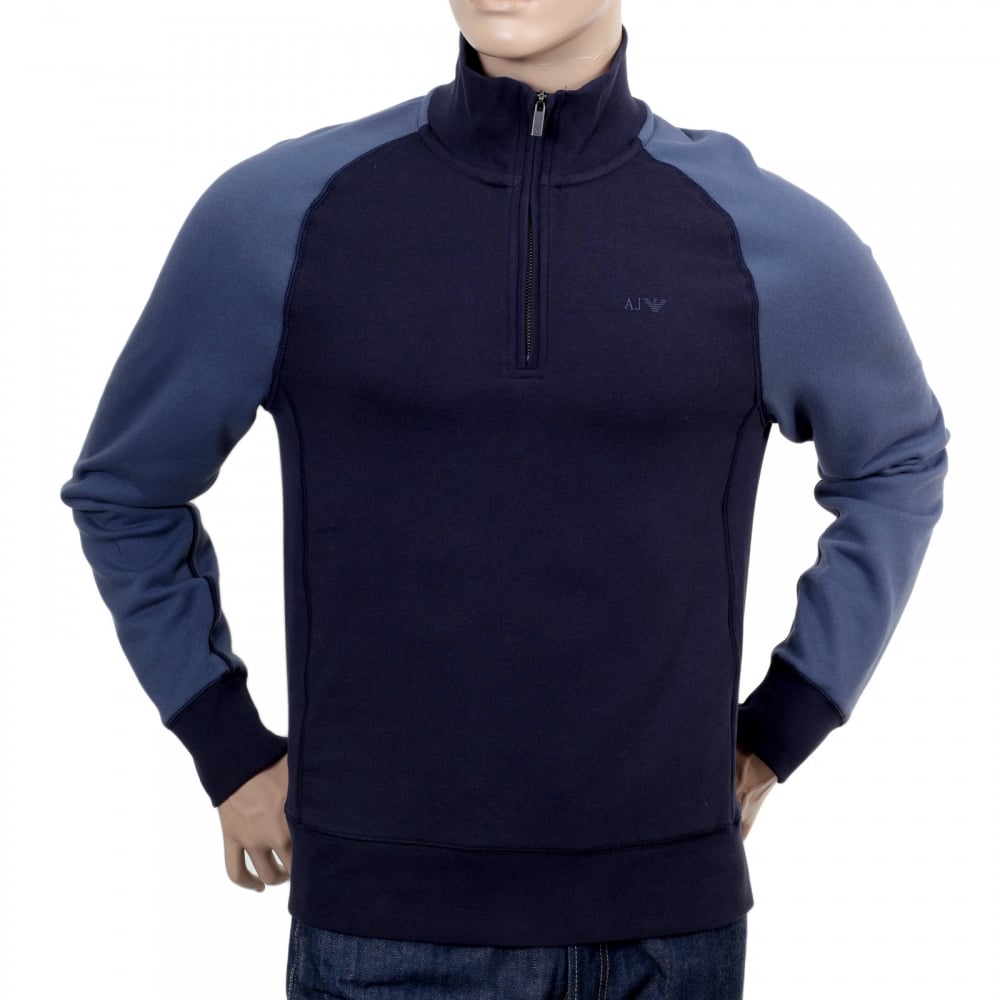 Mens High Neck Full Sleeve Classic Half Zip Navy Sweatshirt with Raglan Sleeves and Signature AJ Eagle Logo