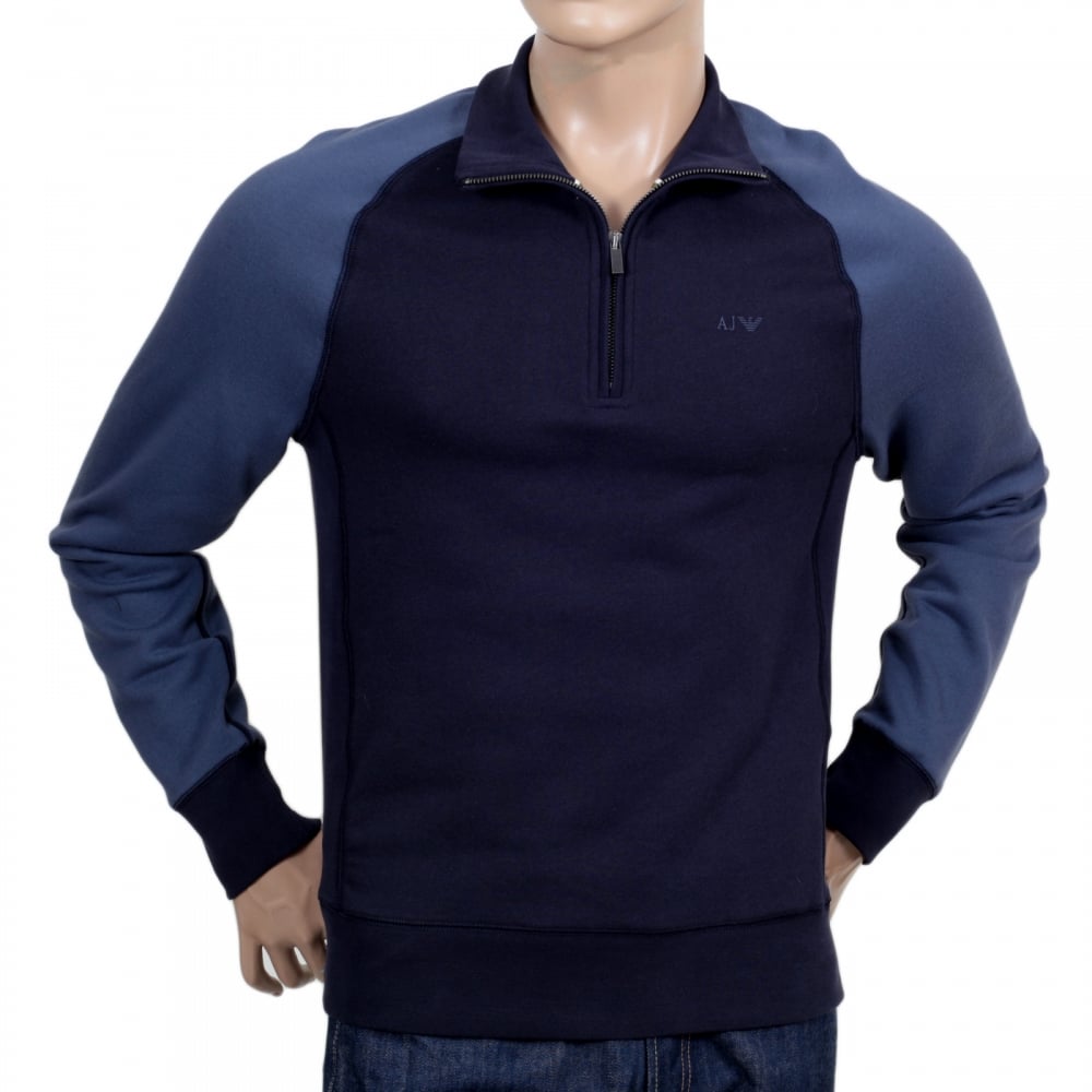 Mens High Neck Full Sleeve Classic Half Zip Navy Sweatshirt with Raglan Sleeves and Signature AJ Eagle Logo