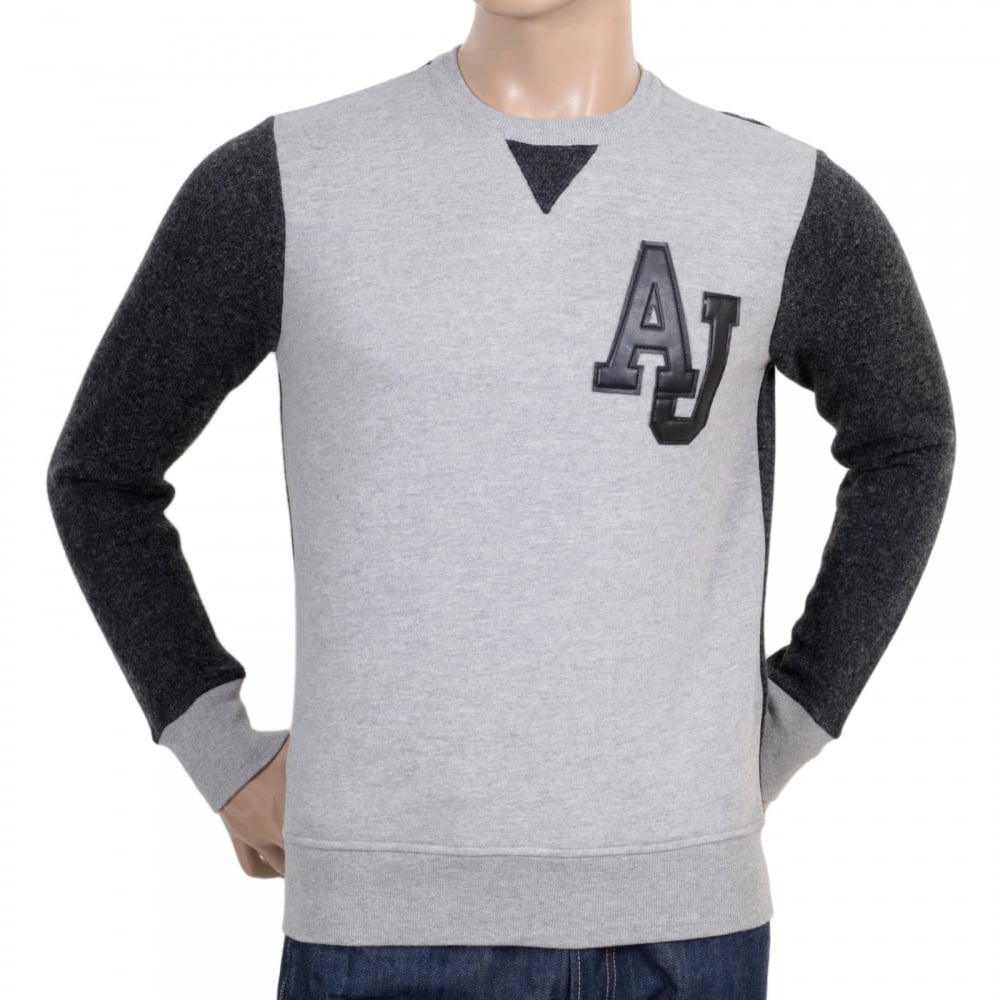 Crew Neck Grey Sweatshirt with Darker Grey Knitted Back and Sleeves with Pleather AJ Applique Chest Logo
