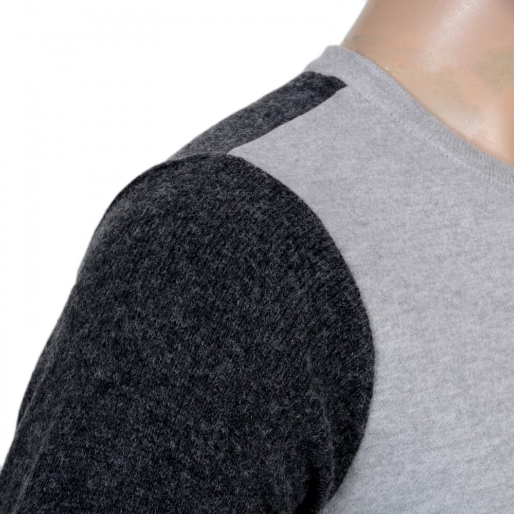 Crew Neck Grey Sweatshirt with Darker Grey Knitted Back and Sleeves with Pleather AJ Applique Chest Logo