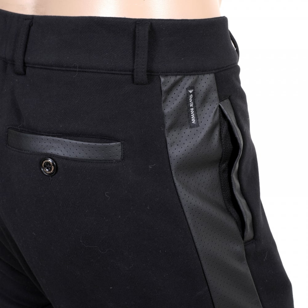 Black Track Pants with Zip Fly, Cuffed Bottoms, Pleather Logo, Side Panels and Two Front and a Back Pocket