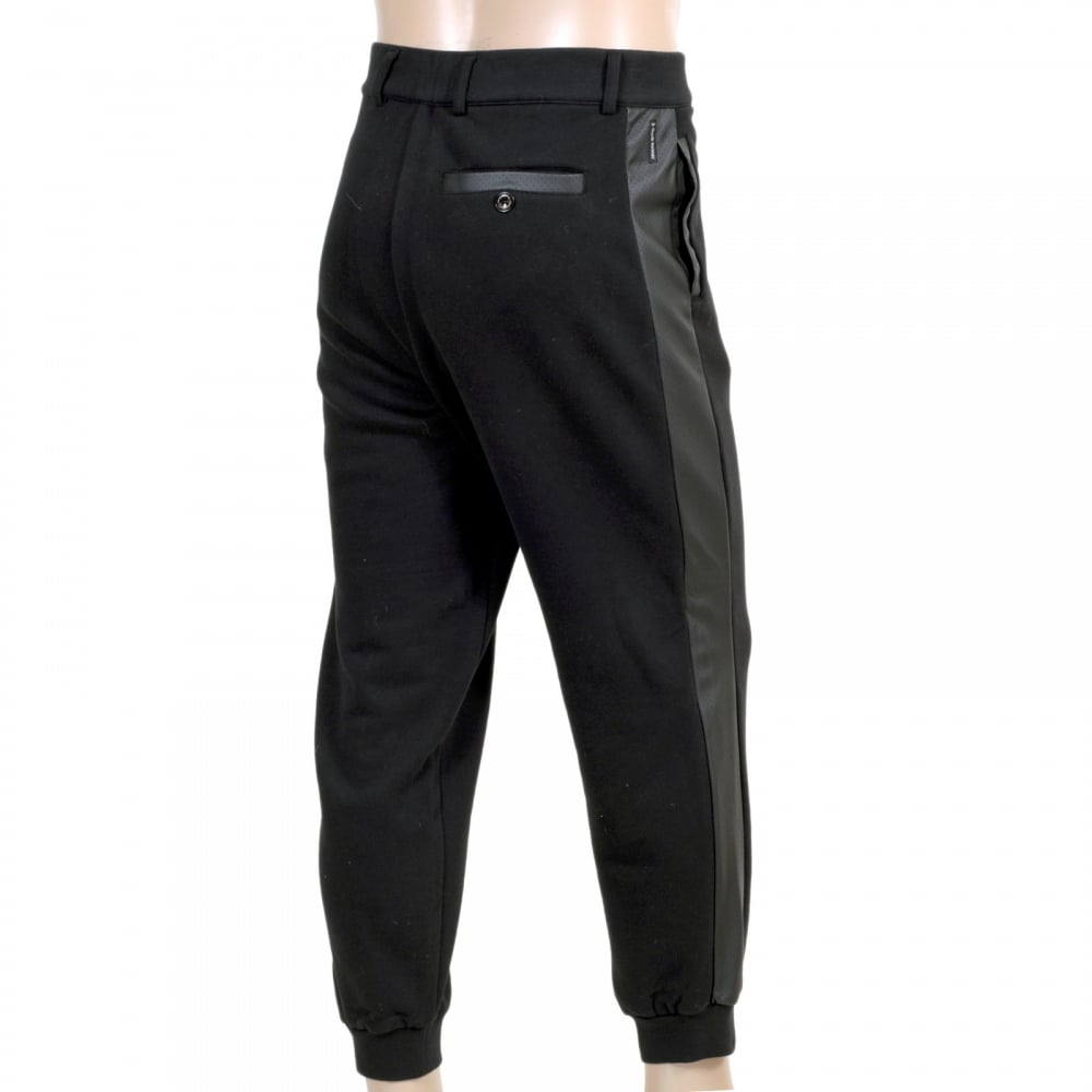 Black Track Pants with Zip Fly, Cuffed Bottoms, Pleather Logo, Side Panels and Two Front and a Back Pocket