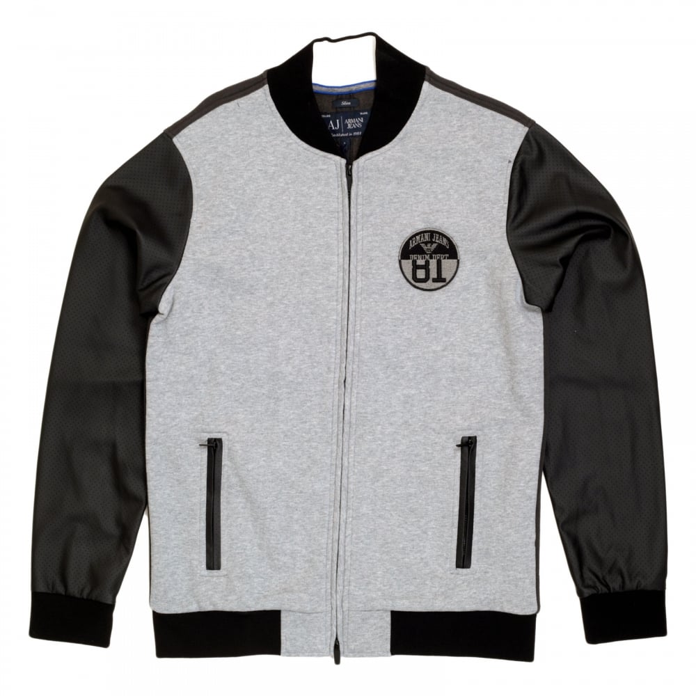 Slim Fit Grey College Sweat Jacket with Zipped Front, 2 Zipped Pockets, Darker Grey Back and Pleather Sleeves