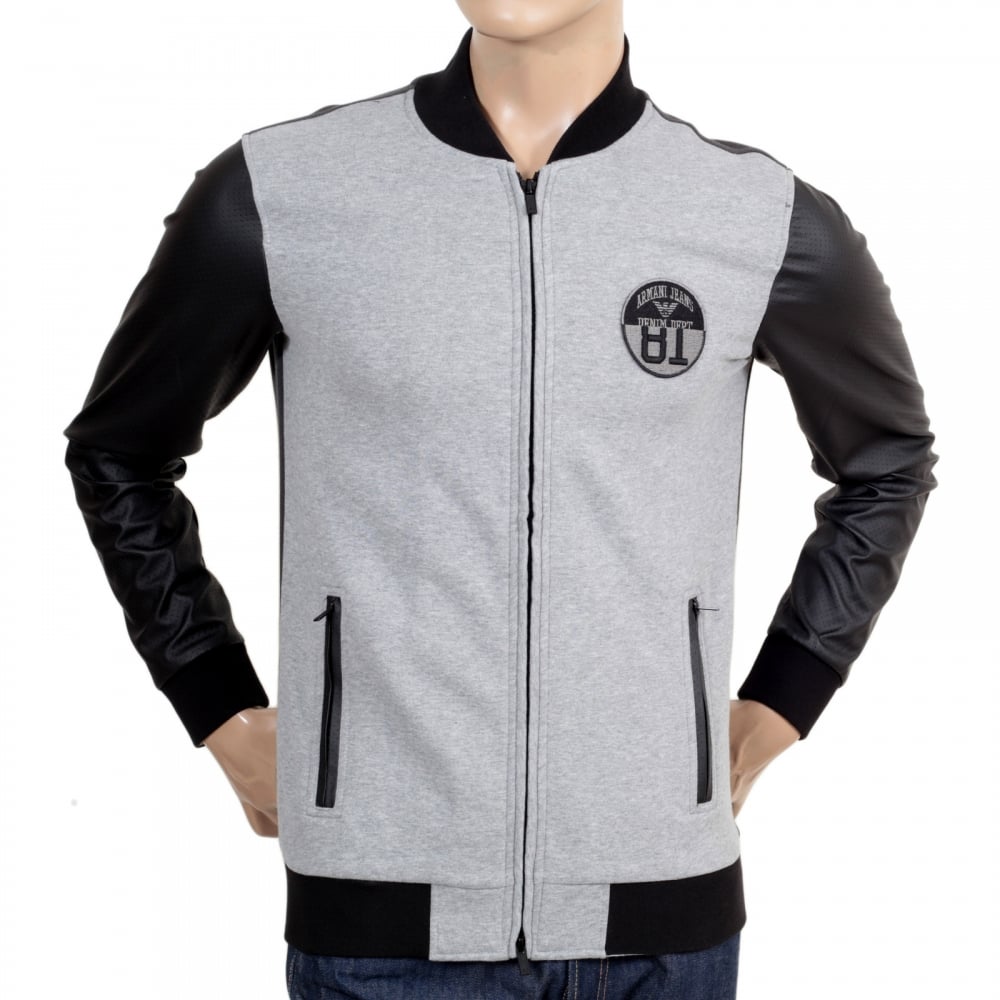 Slim Fit Grey College Sweat Jacket with Zipped Front, 2 Zipped Pockets, Darker Grey Back and Pleather Sleeves
