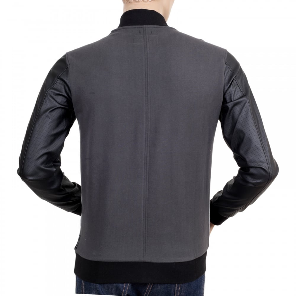Slim Fit Grey College Sweat Jacket with Zipped Front, 2 Zipped Pockets, Darker Grey Back and Pleather Sleeves