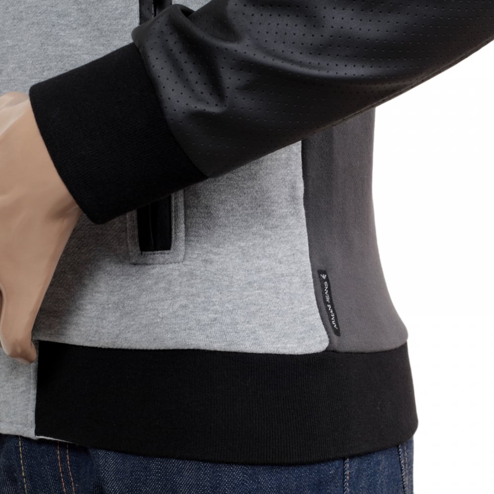 Slim Fit Grey College Sweat Jacket with Zipped Front, 2 Zipped Pockets, Darker Grey Back and Pleather Sleeves