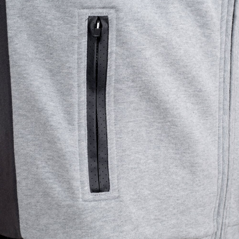 Slim Fit Grey College Sweat Jacket with Zipped Front, 2 Zipped Pockets, Darker Grey Back and Pleather Sleeves
