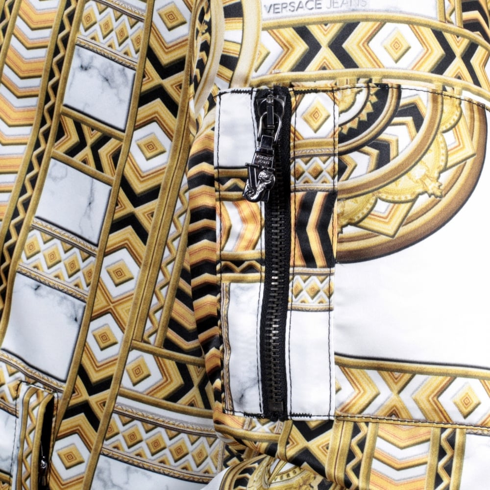Mens Long Sleeve Blouson with Duchesse Print in Gold and White with Ribbed Collar Sleeve Cuffs and Waistband