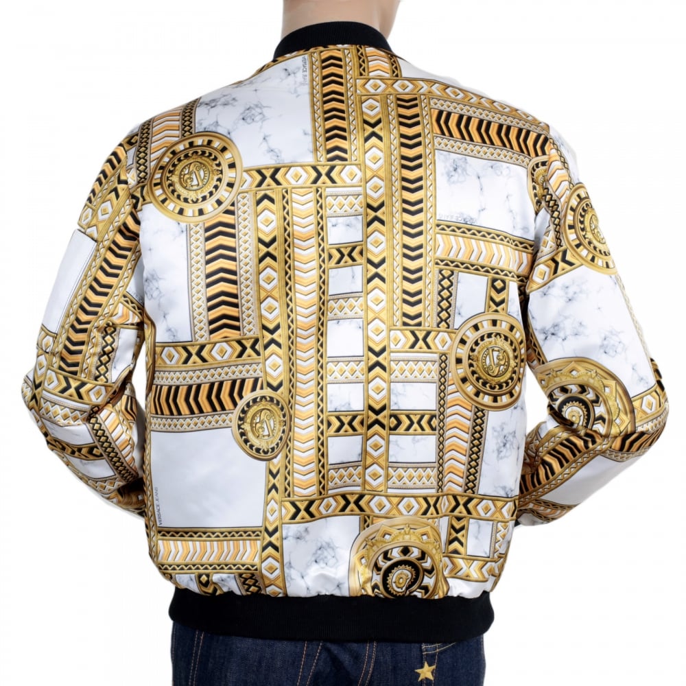 Mens Long Sleeve Blouson with Duchesse Print in Gold and White with Ribbed Collar Sleeve Cuffs and Waistband