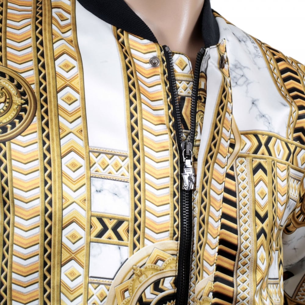 Mens Long Sleeve Blouson with Duchesse Print in Gold and White with Ribbed Collar Sleeve Cuffs and Waistband