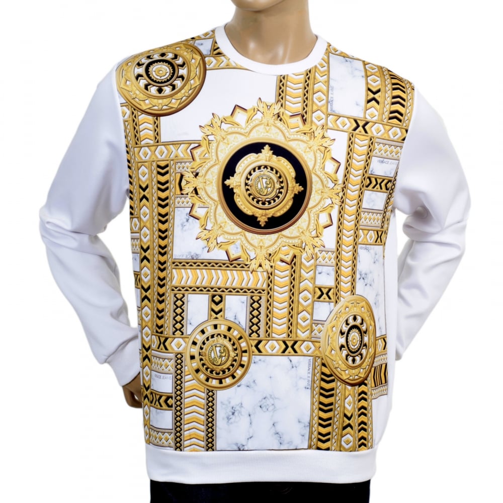 Long Sleeve Gold and Black Kaleido Printed Sweatshirt in White with Ribbed Crew Neck Sleeve Cuffs and Waistband