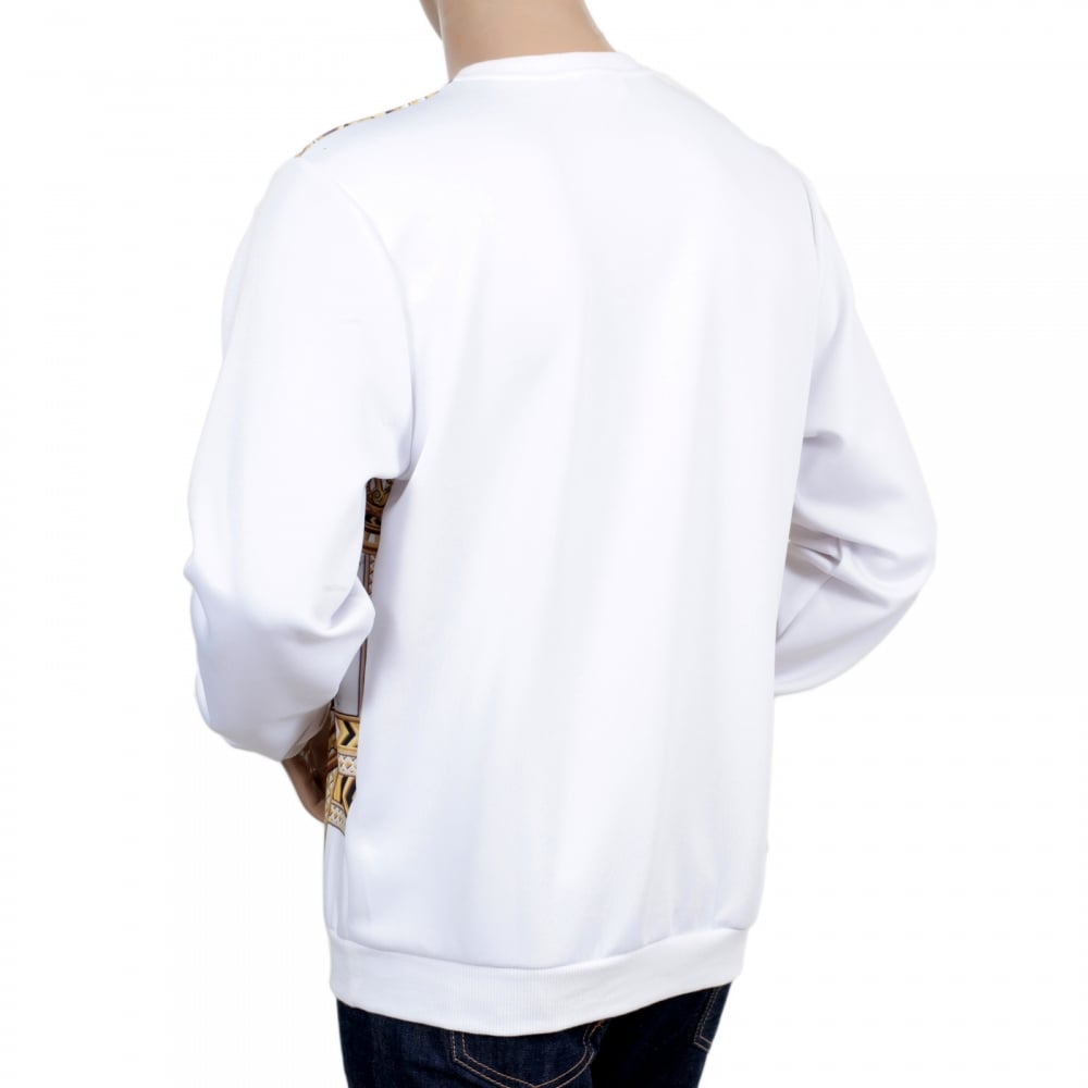 Long Sleeve Gold and Black Kaleido Printed Sweatshirt in White with Ribbed Crew Neck Sleeve Cuffs and Waistband
