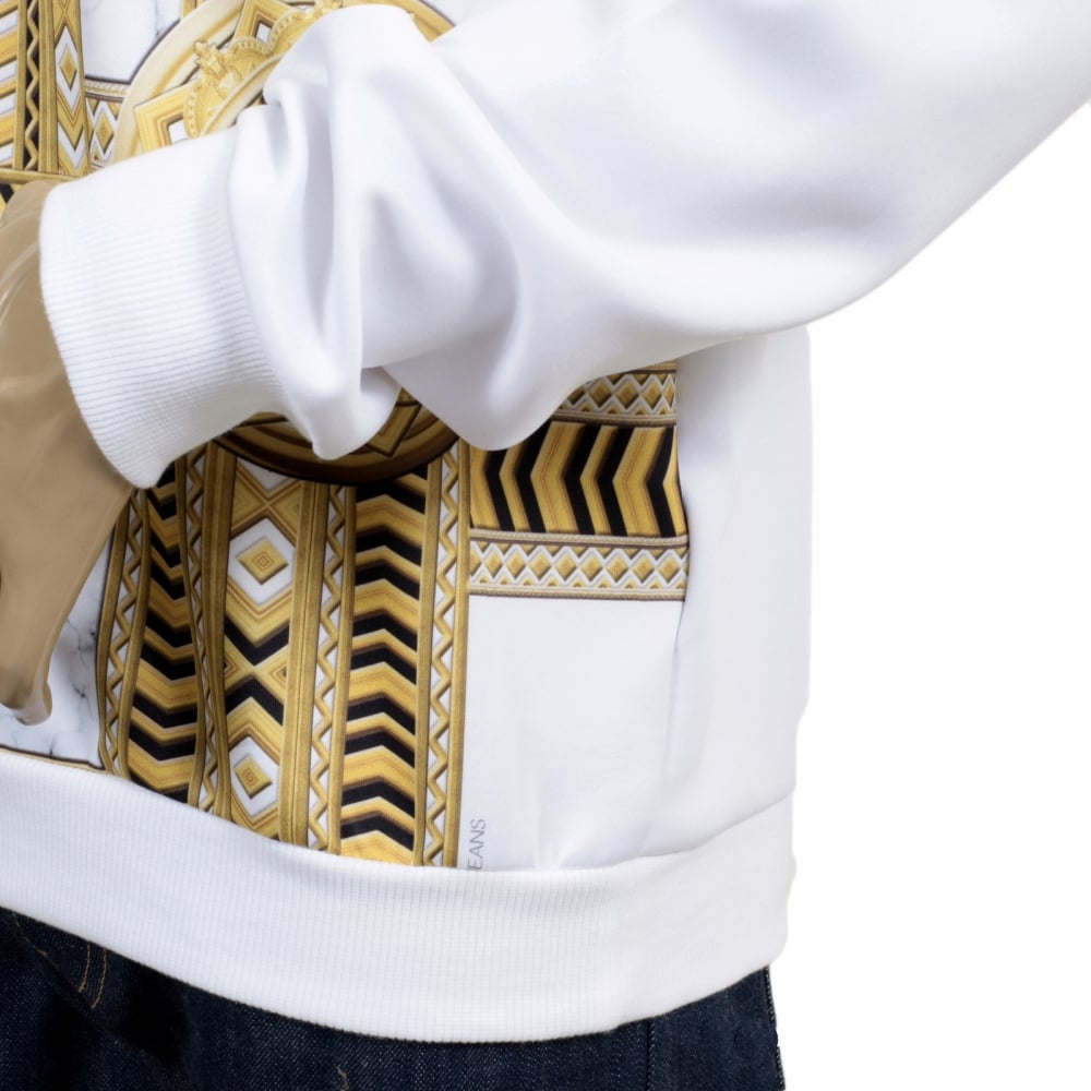 Long Sleeve Gold and Black Kaleido Printed Sweatshirt in White with Ribbed Crew Neck Sleeve Cuffs and Waistband