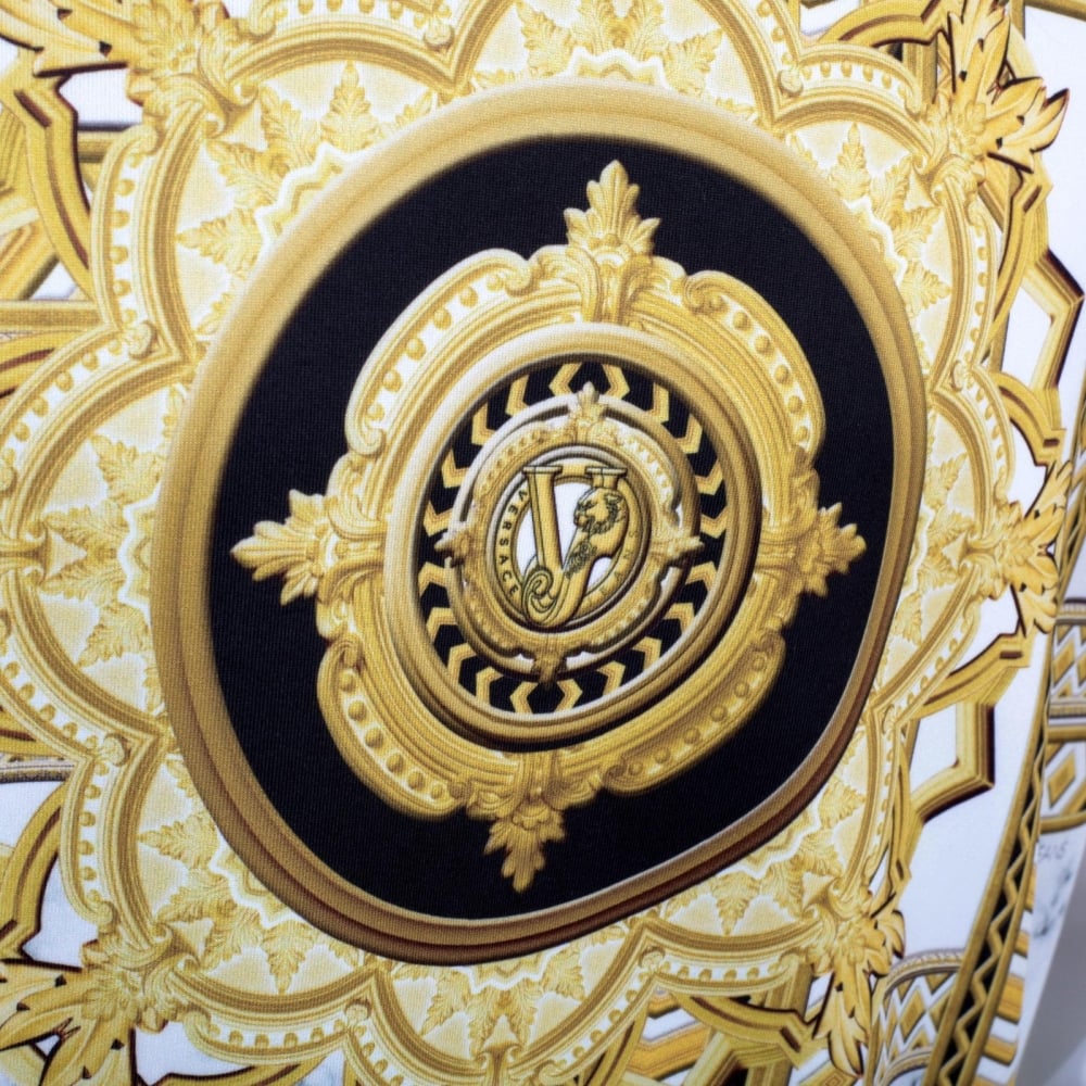 Long Sleeve Gold and Black Kaleido Printed Sweatshirt in White with Ribbed Crew Neck Sleeve Cuffs and Waistband