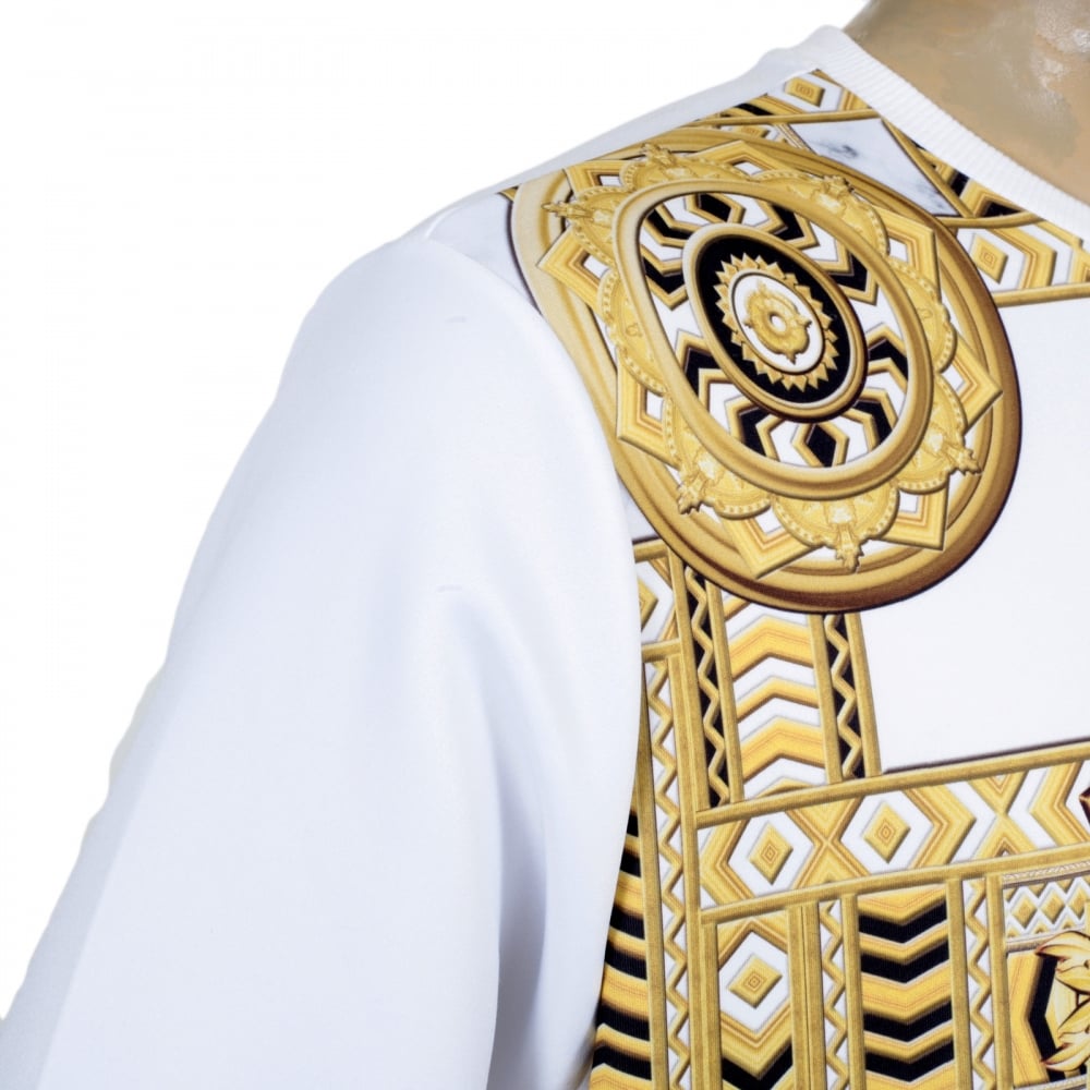 Long Sleeve Gold and Black Kaleido Printed Sweatshirt in White with Ribbed Crew Neck Sleeve Cuffs and Waistband