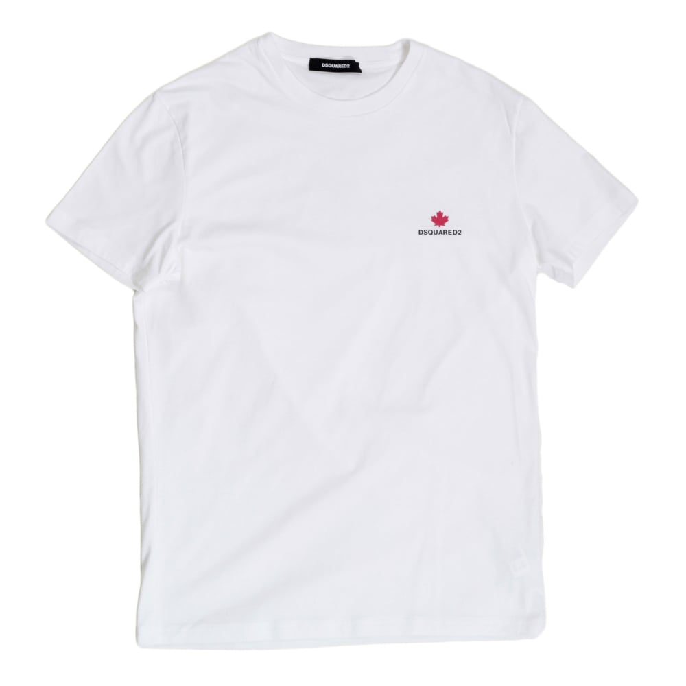 Mens White Short Sleeve Cotton Crew Neck T Shirt with Maple Leaf and Black Text Chest Logo