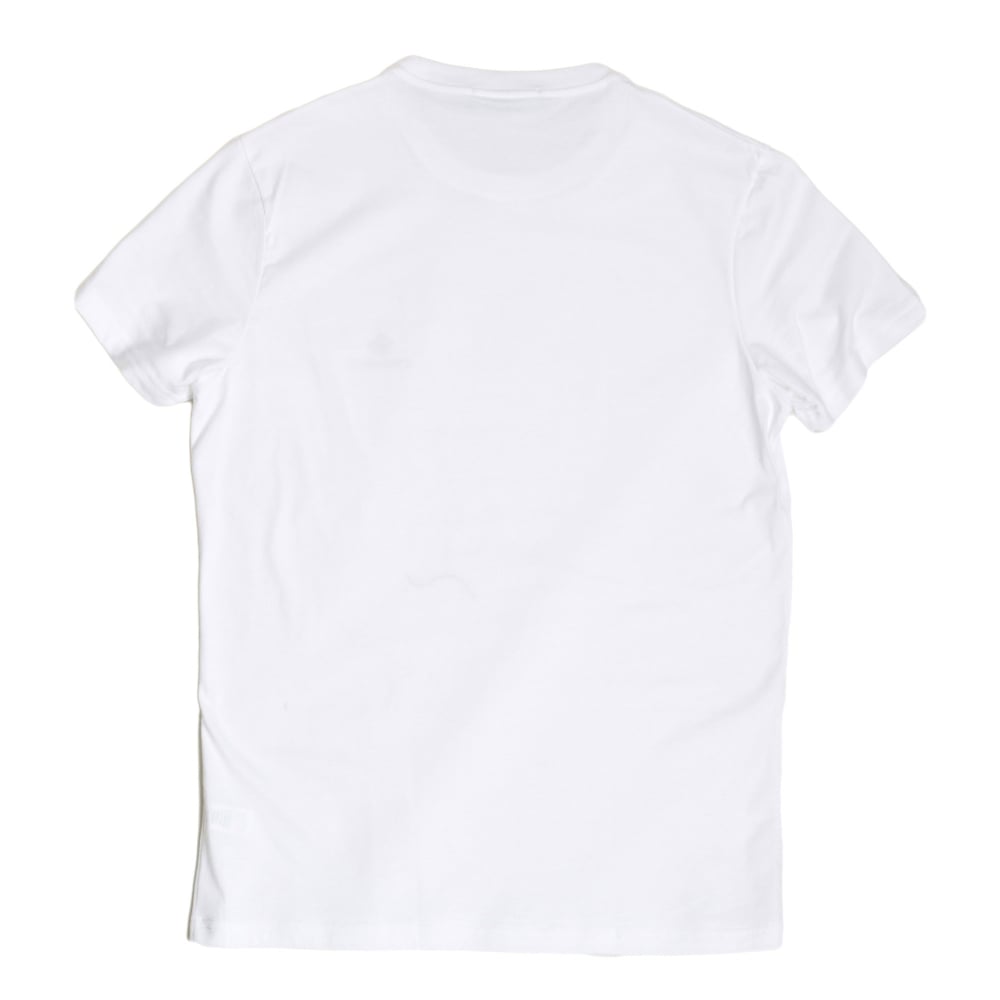 Mens White Short Sleeve Cotton Crew Neck T Shirt with Maple Leaf and Black Text Chest Logo