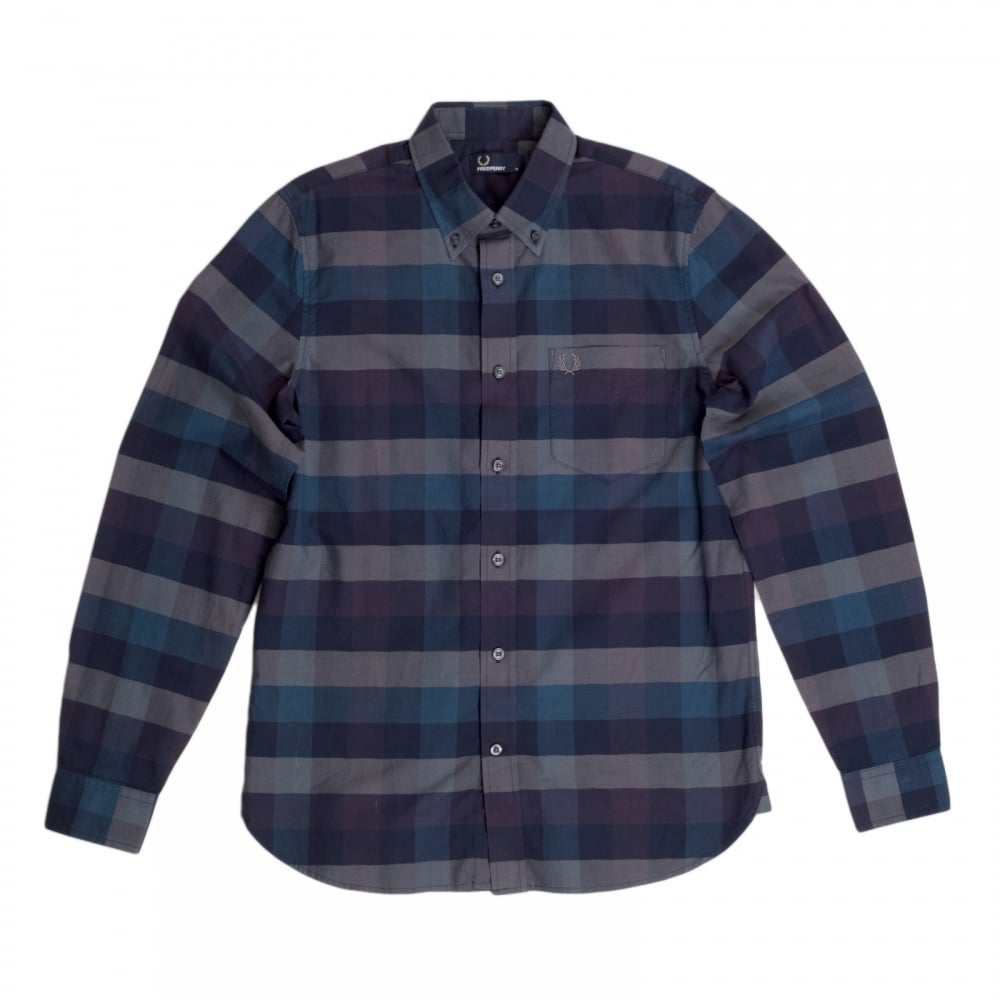 Mens Regular Fit Long Sleeve Navy Textured Gingham Shirt with Soft Button Collar by Fred Perry