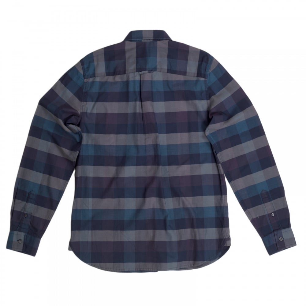 Mens Regular Fit Long Sleeve Navy Textured Gingham Shirt with Soft Button Collar by Fred Perry