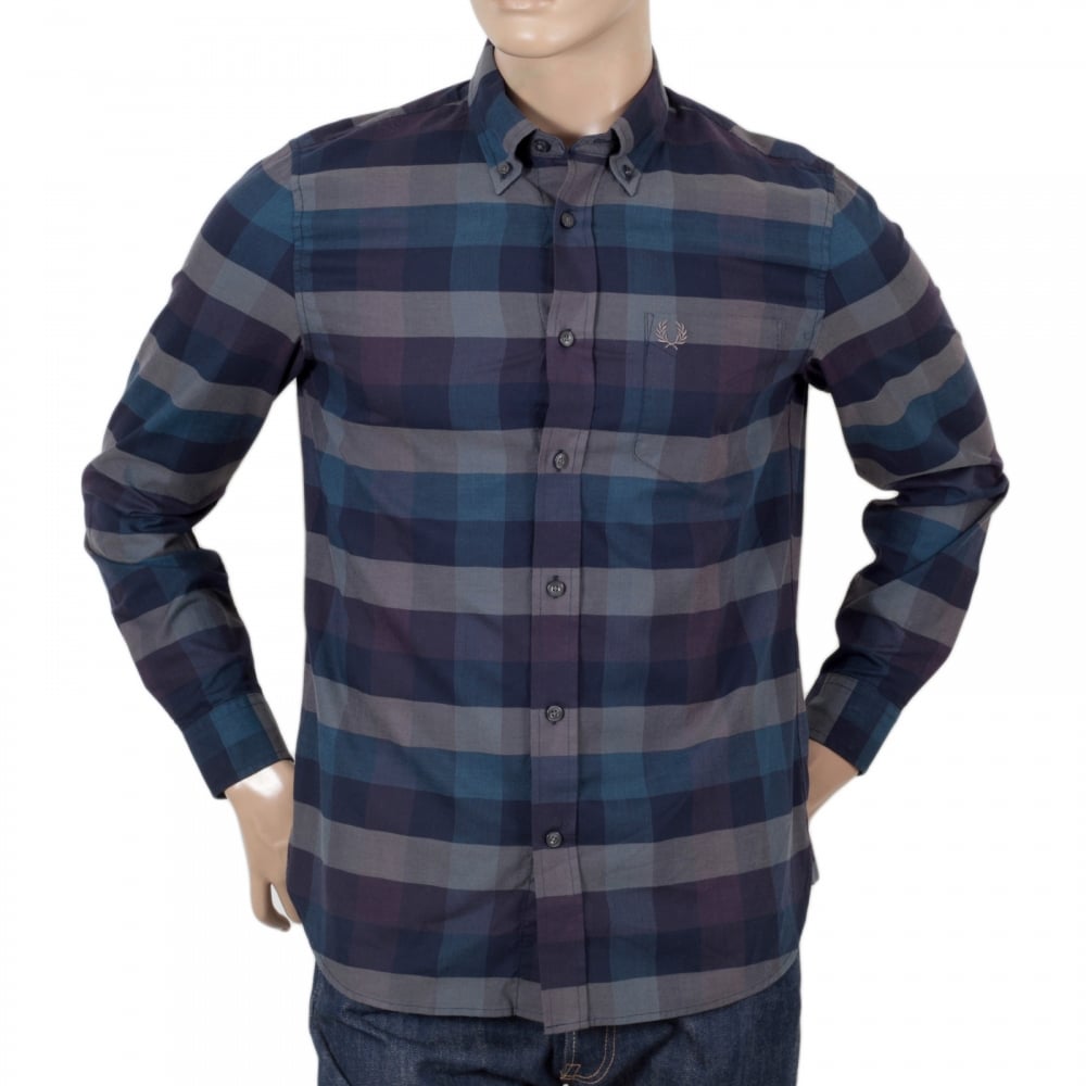 Mens Regular Fit Long Sleeve Navy Textured Gingham Shirt with Soft Button Collar by Fred Perry