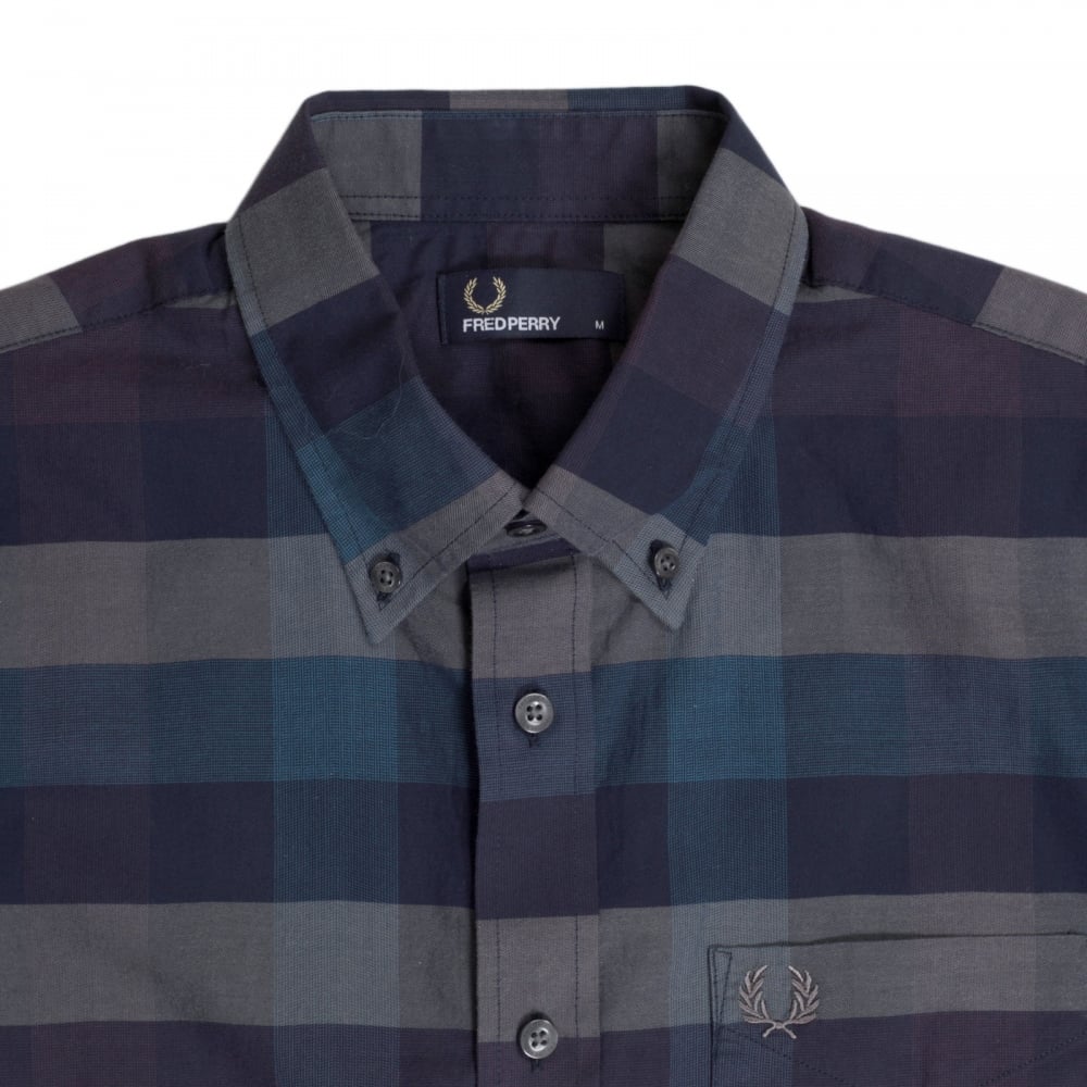 Mens Regular Fit Long Sleeve Navy Textured Gingham Shirt with Soft Button Collar by Fred Perry
