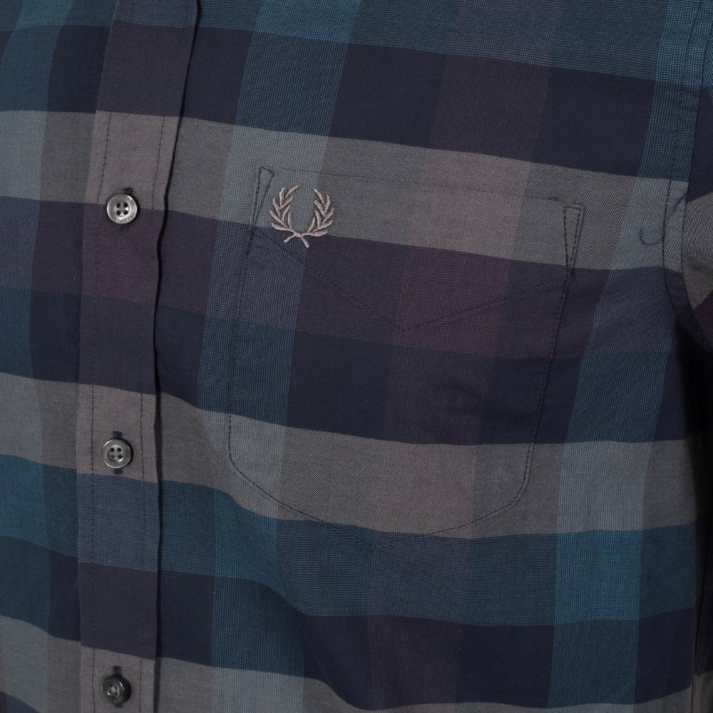 Mens Regular Fit Long Sleeve Navy Textured Gingham Shirt with Soft Button Collar by Fred Perry