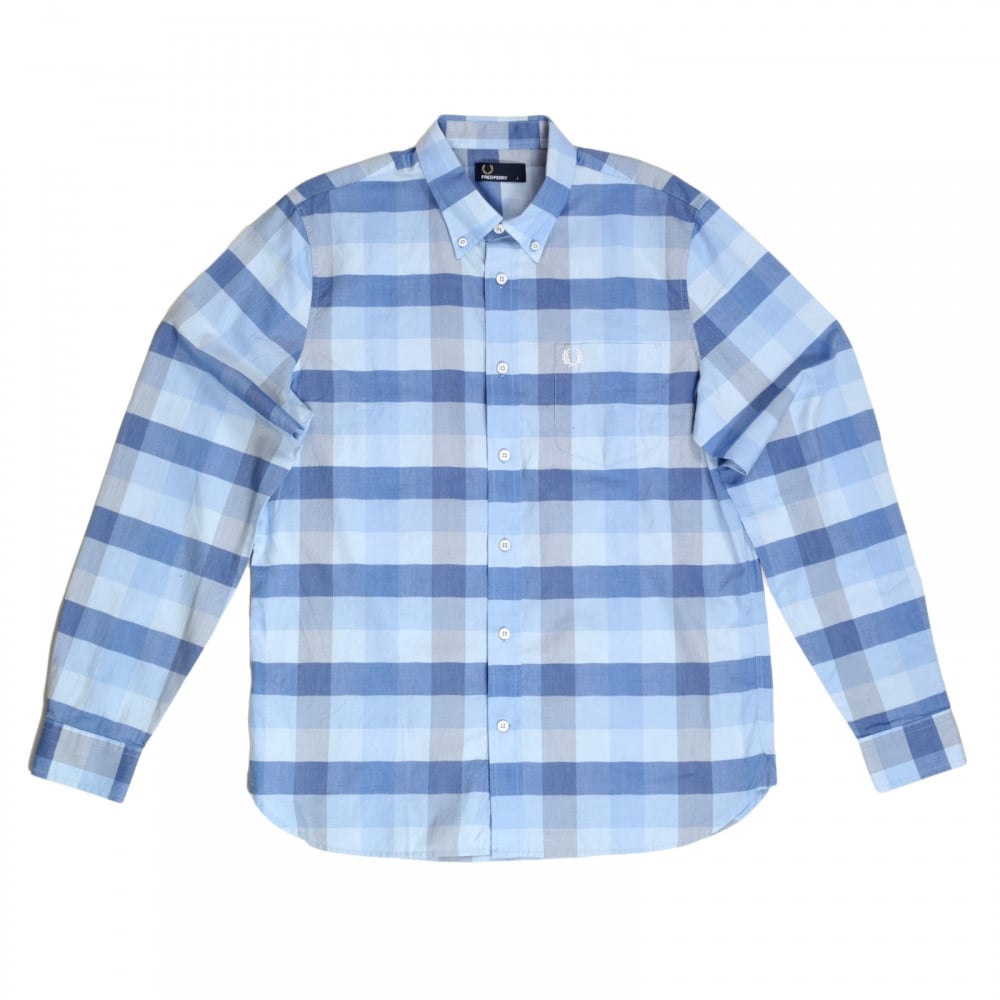 Mens Regular Fit Long Sleeve Light Blue Textured Gingham Shirt with Soft Button Collar by Fred Perry