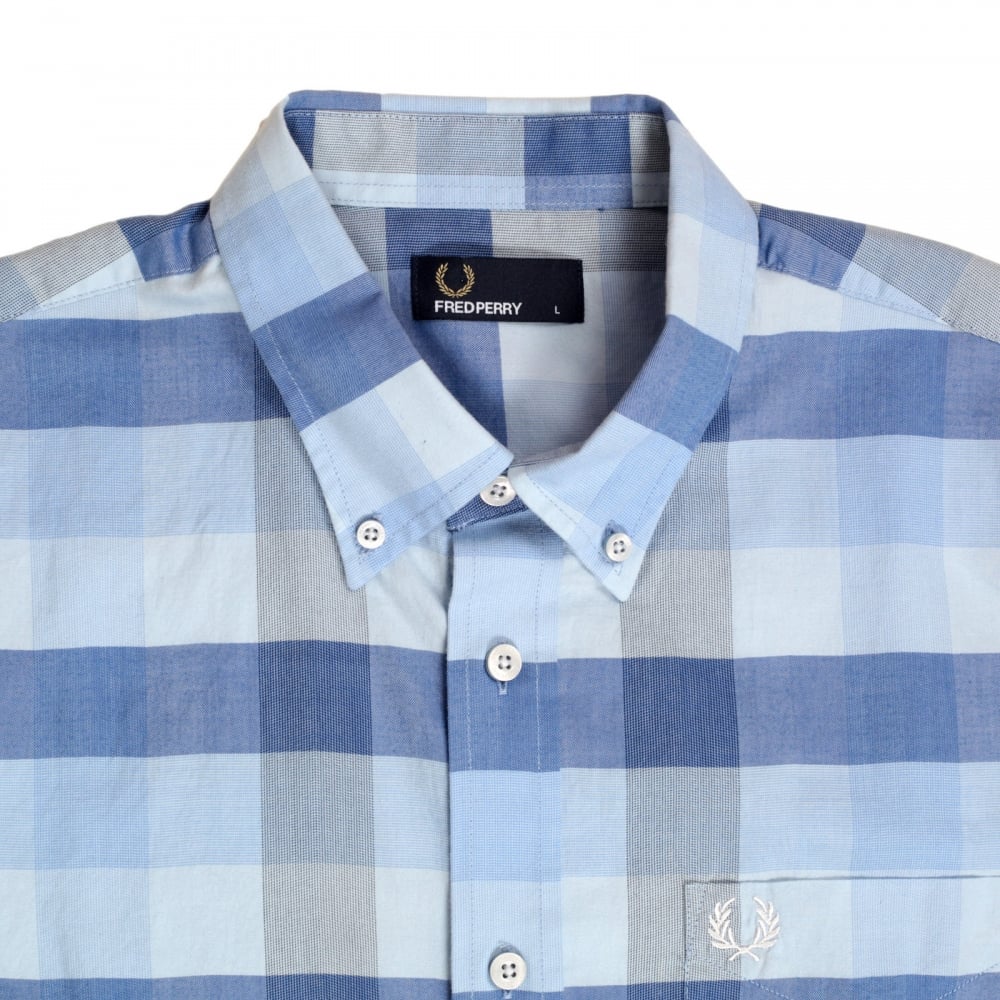 Mens Regular Fit Long Sleeve Light Blue Textured Gingham Shirt with Soft Button Collar by Fred Perry
