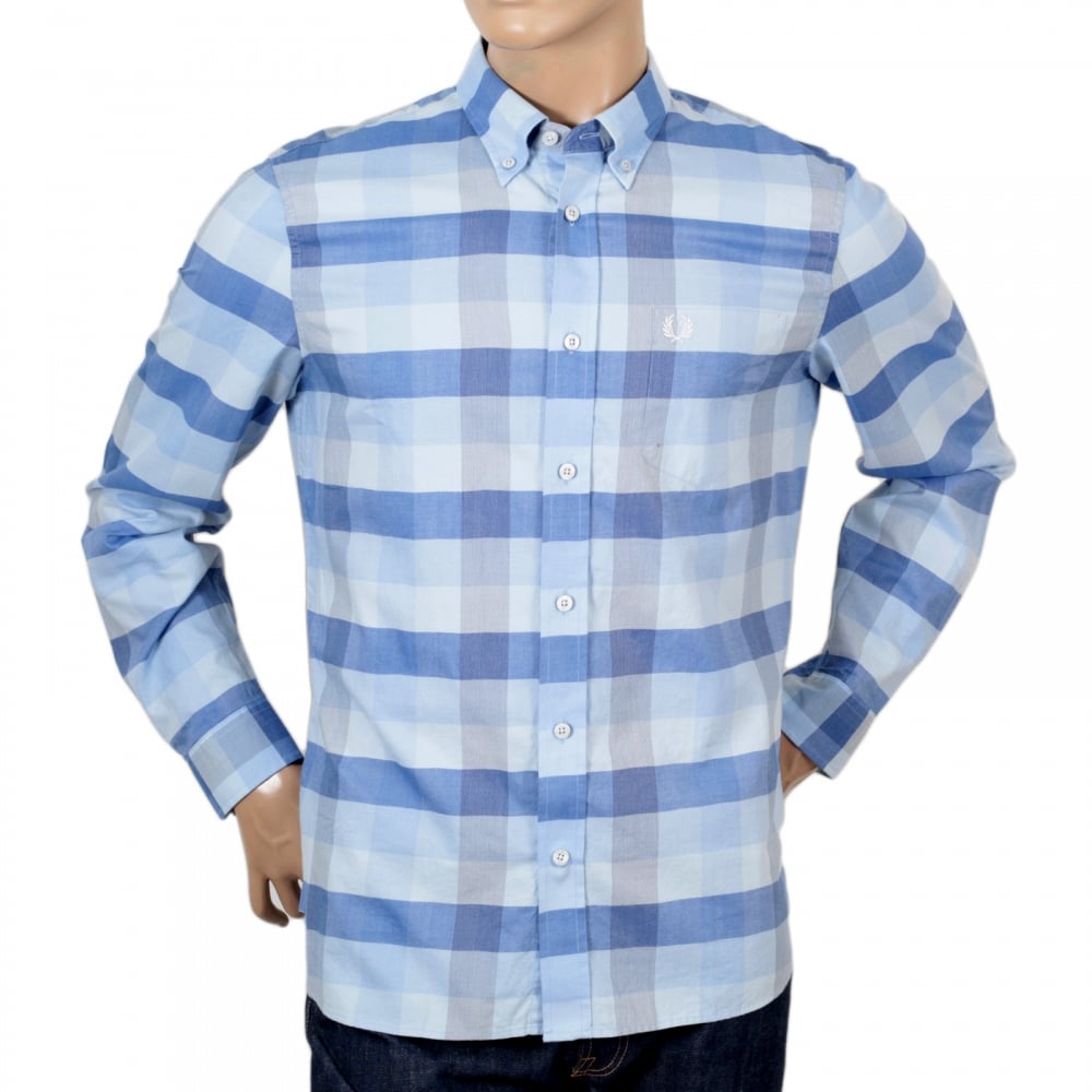Mens Regular Fit Long Sleeve Light Blue Textured Gingham Shirt with Soft Button Collar by Fred Perry