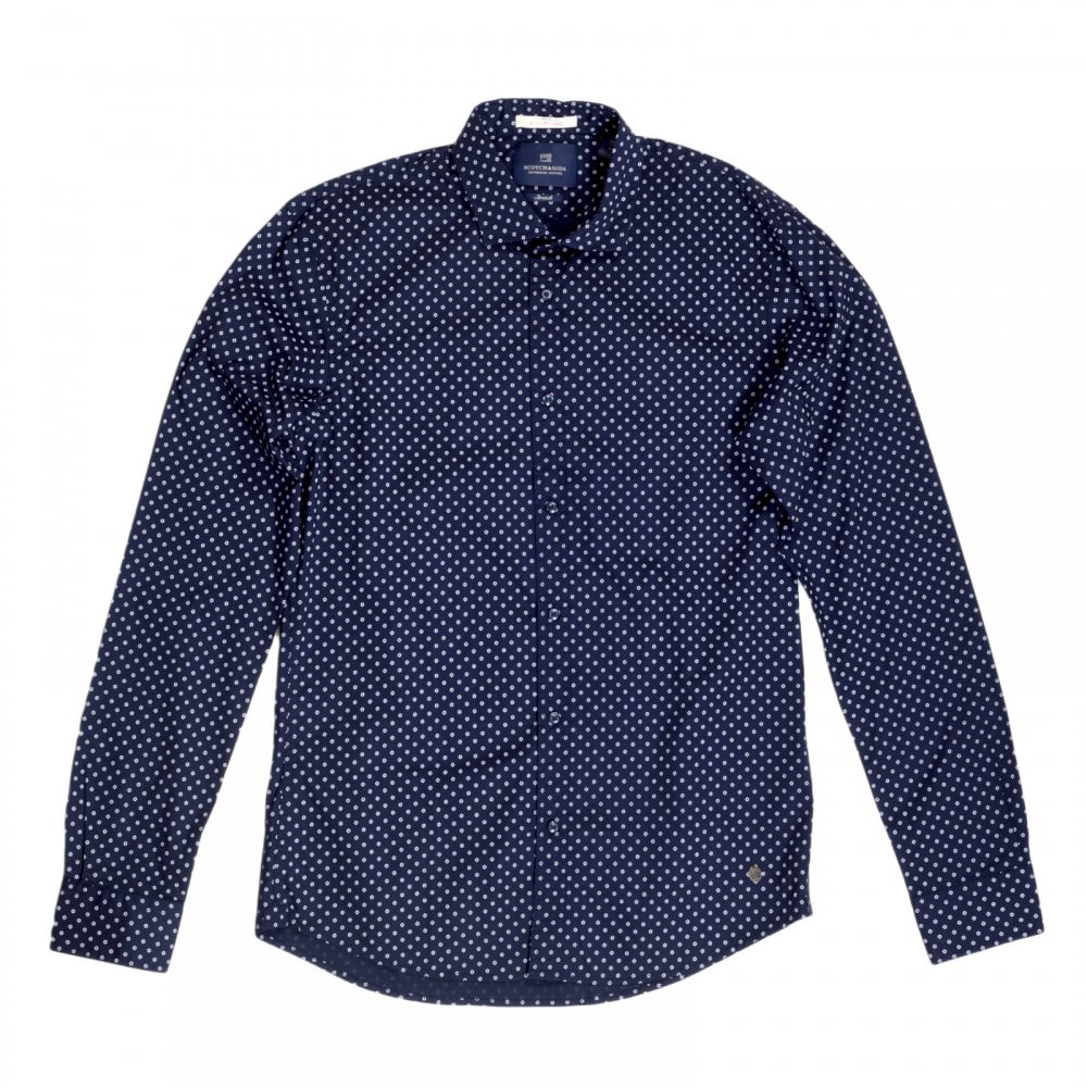 Mens Classic Slim Fit Stretch Cotton Long Sleeve Navy Shirt with Jacquard Printed Circles by Scotch and Soda