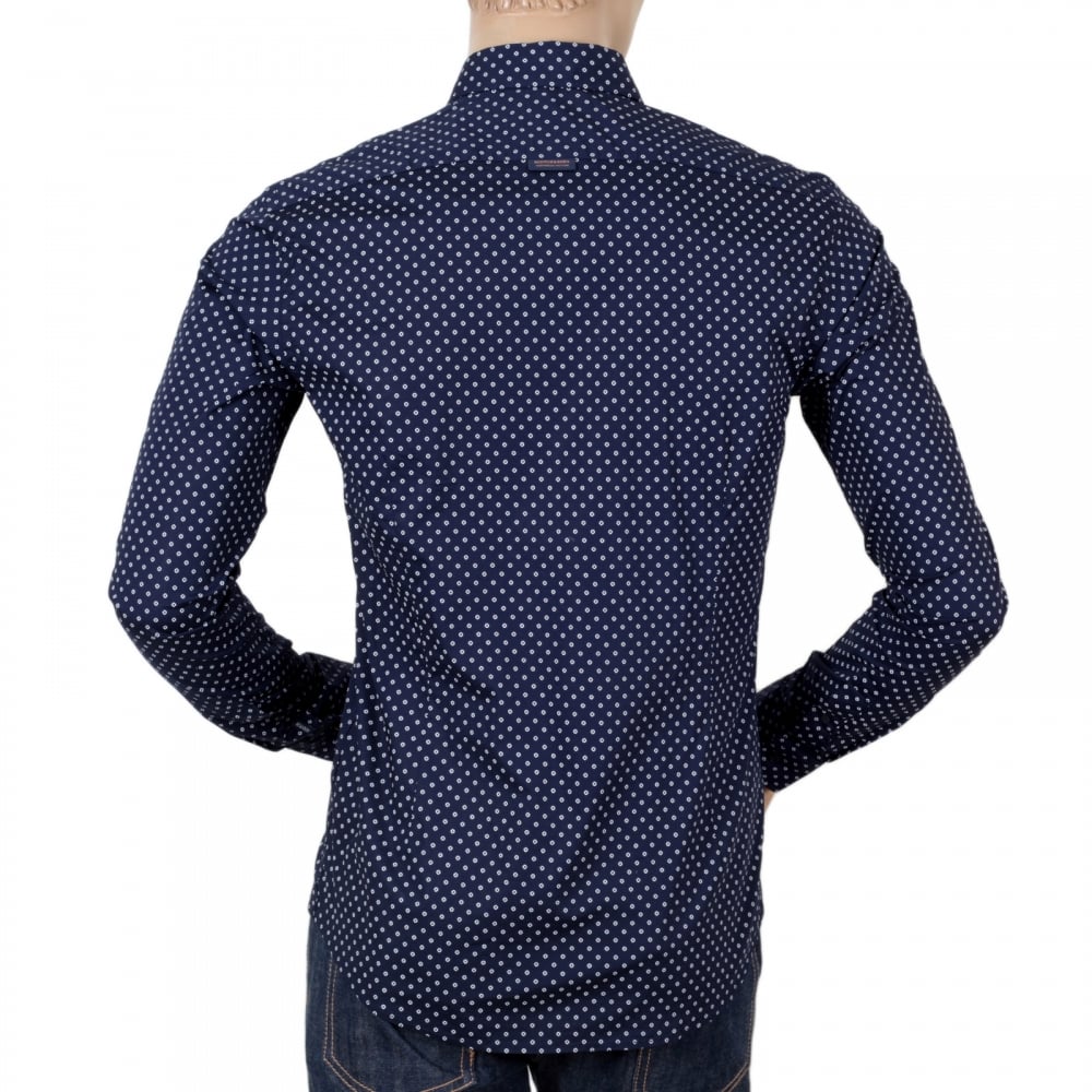 Mens Classic Slim Fit Stretch Cotton Long Sleeve Navy Shirt with Jacquard Printed Circles by Scotch and Soda