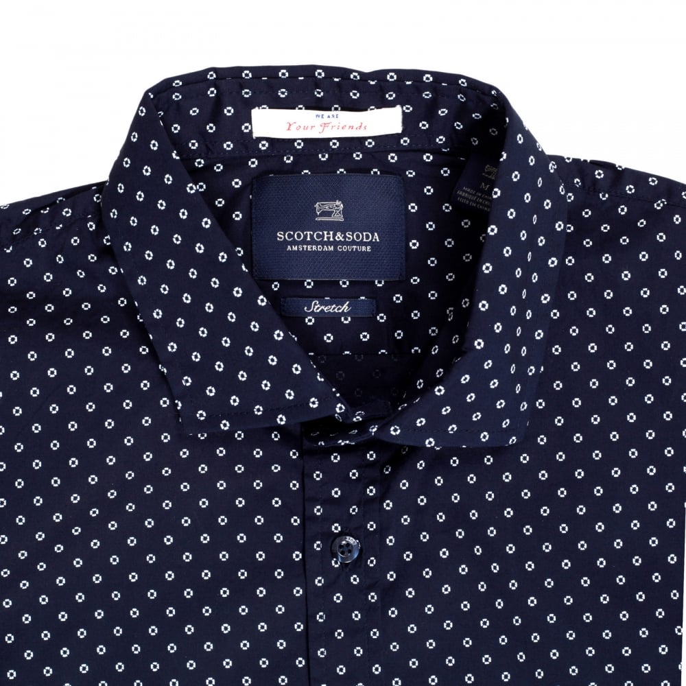 Mens Classic Slim Fit Stretch Cotton Long Sleeve Navy Shirt with Jacquard Printed Circles by Scotch and Soda
